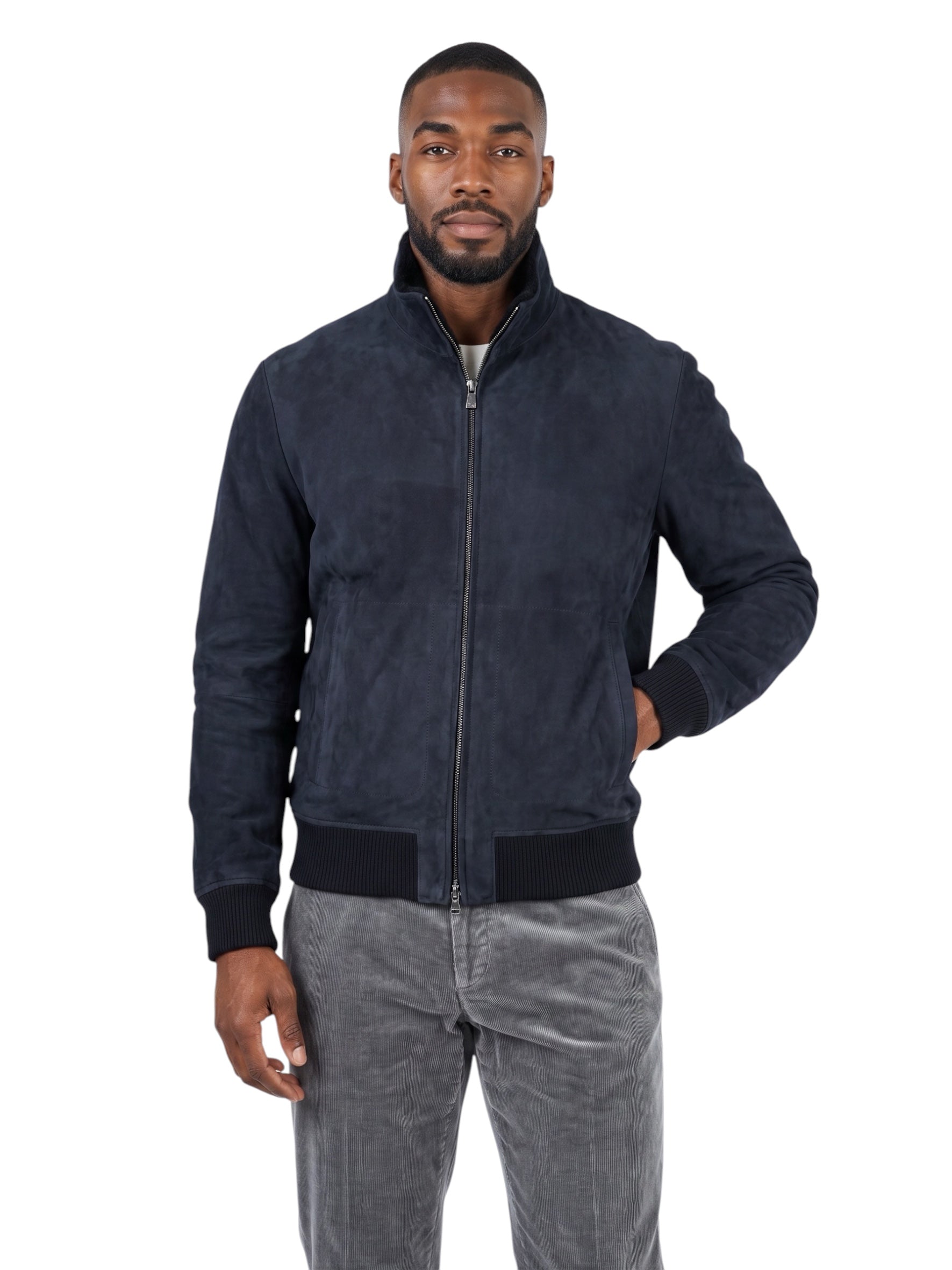 Dunkelblaue Lederjacke aus Veloursleder mit Shearling-Kragen von Corneliani