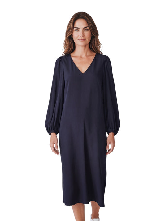 Dunkelblaues Seidenkleid mit Ballonärmeln von Alcidia da Veiga