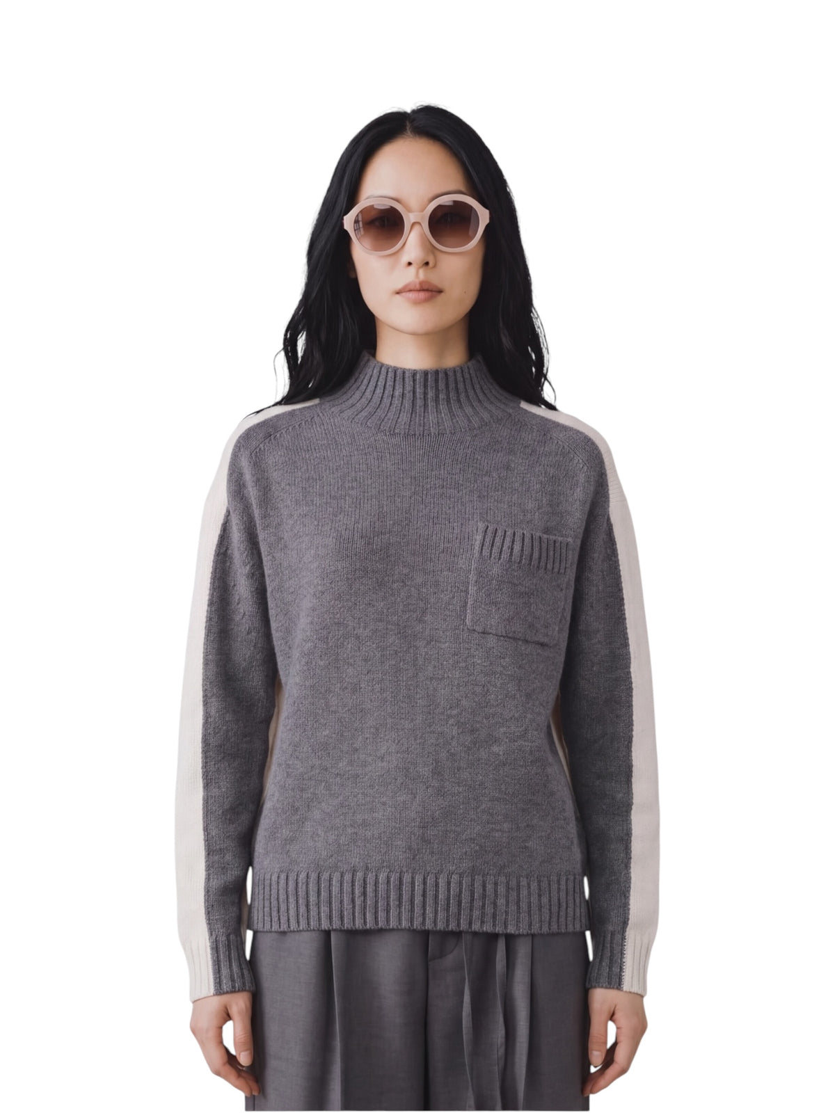 Zweifarbiger Stehkragenpullover in Grau und Wollweiß von Semicouture