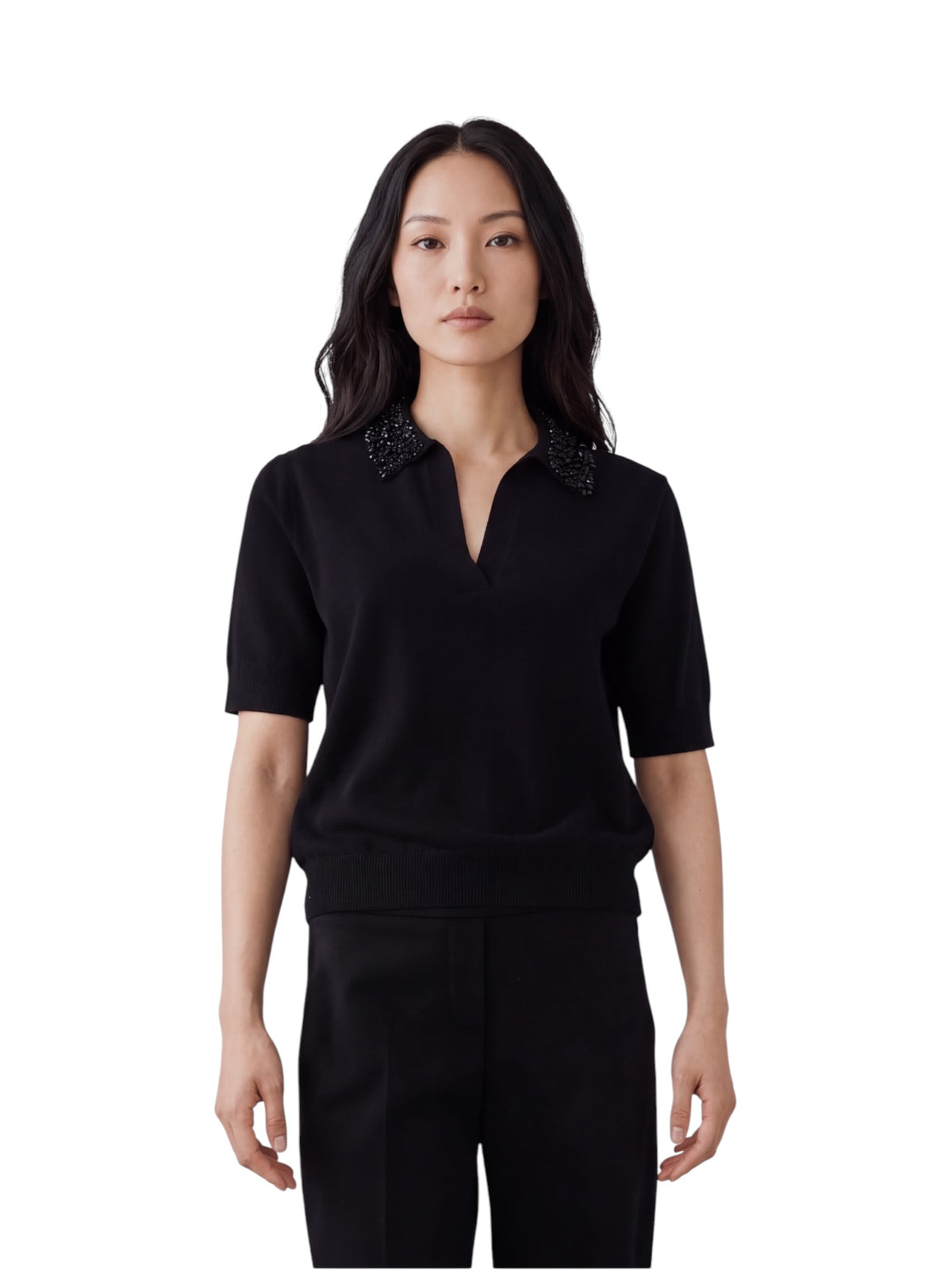 Schwarzes Strick-Polo mit perlenbesetztem Kragen von Semicouture