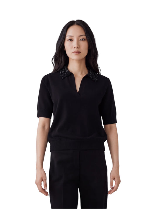 Schwarzes Strick-Polo mit perlenbesetztem Kragen von Semicouture