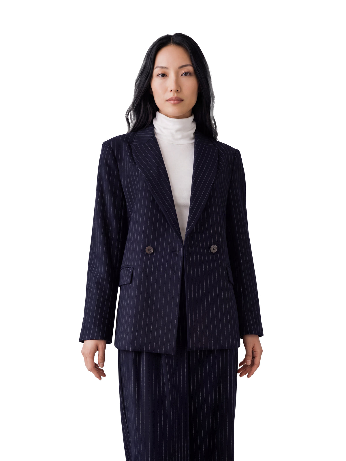Dunkelblauer zweireihiger Nadelstreifen-Blazer von Alcidia da Veiga