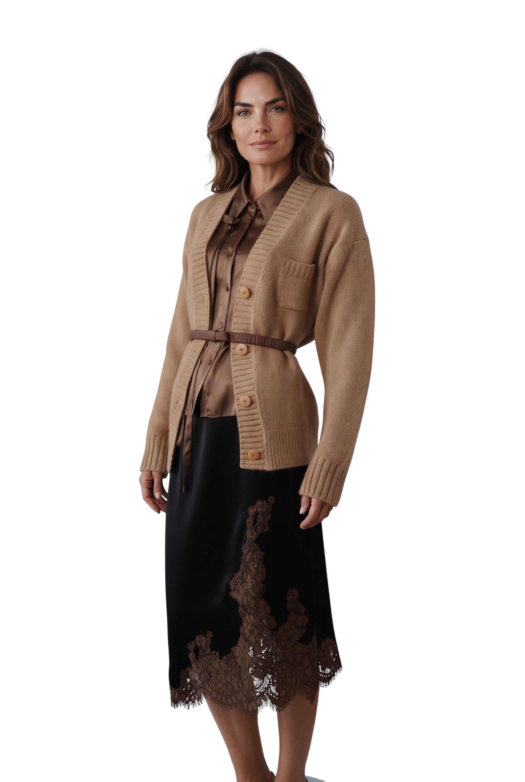 Camelfarbene Strickjacke mit V-Ausschnitt von Dorothee Schumacher