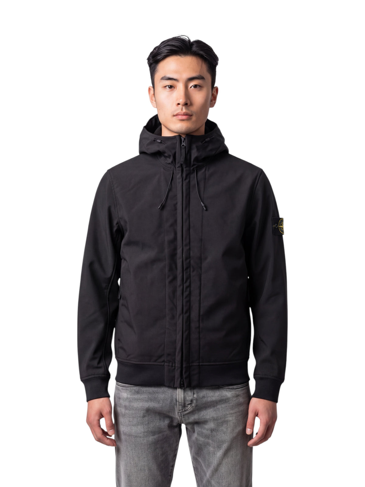 Schwarze Softshell-Jacke mit Kapuze von Stone Island