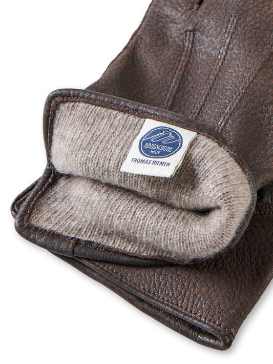 Dunkelbraune Handschuhe aus Hirschleder mit Kaschmir-Futter von Thomas Riemer – Ansicht 2
